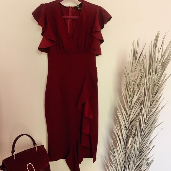 Wine Dress V-Neck with Ruffle Split - Picture 3 of 3